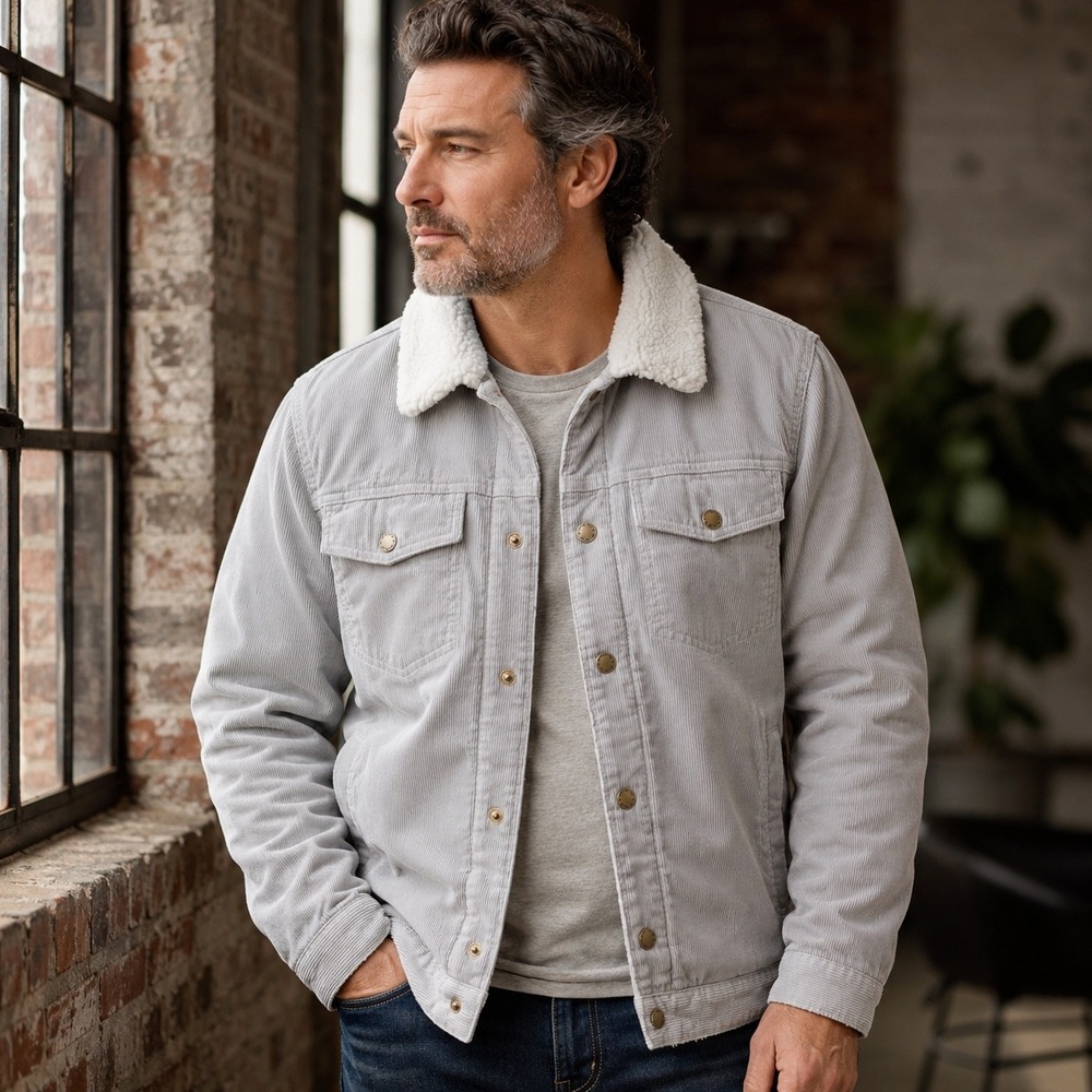 Brooklyn Cloth Mens XL Gray Corduroy Sherpa Lined Trucker Jacket